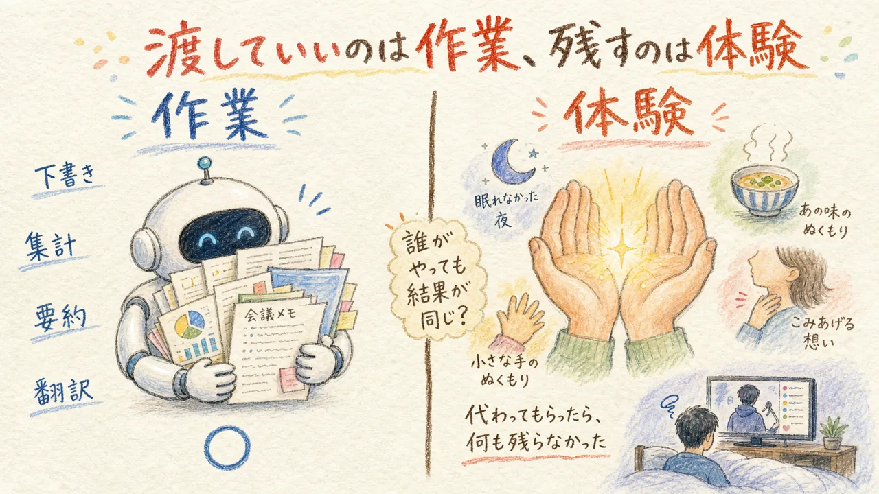 AIに渡していい作業と、手元に残す体験を左右で分けた線引きの図解