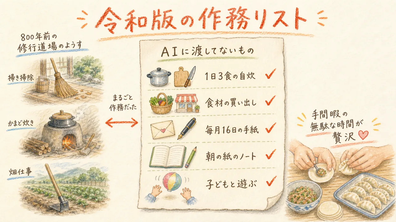 自炊・買い出し・手書きの手紙・紙のノート・子どもと遊ぶを並べた令和版の作務リストの図解