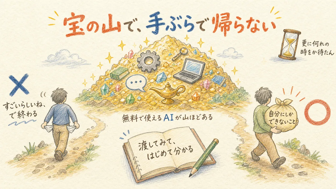 宝の山から手ぶらで帰る人と、自分にしかできないことを抱えて帰る人を対比した図解