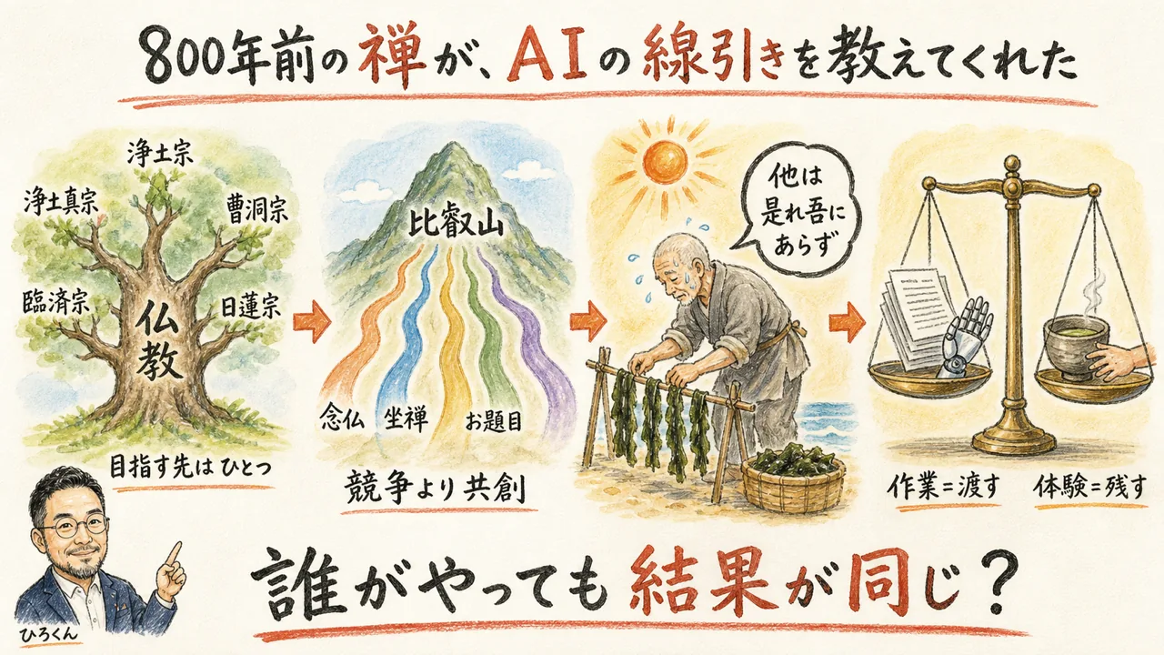 仏教の木と枝、比叡山から広がる道、海藻を干す老僧、作業と体験の天秤を並べた記事全体の図解