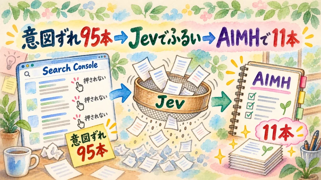 Search Consoleで意図ずれ95本を見つけ、Jevでふるい、AIMHで11本を直した