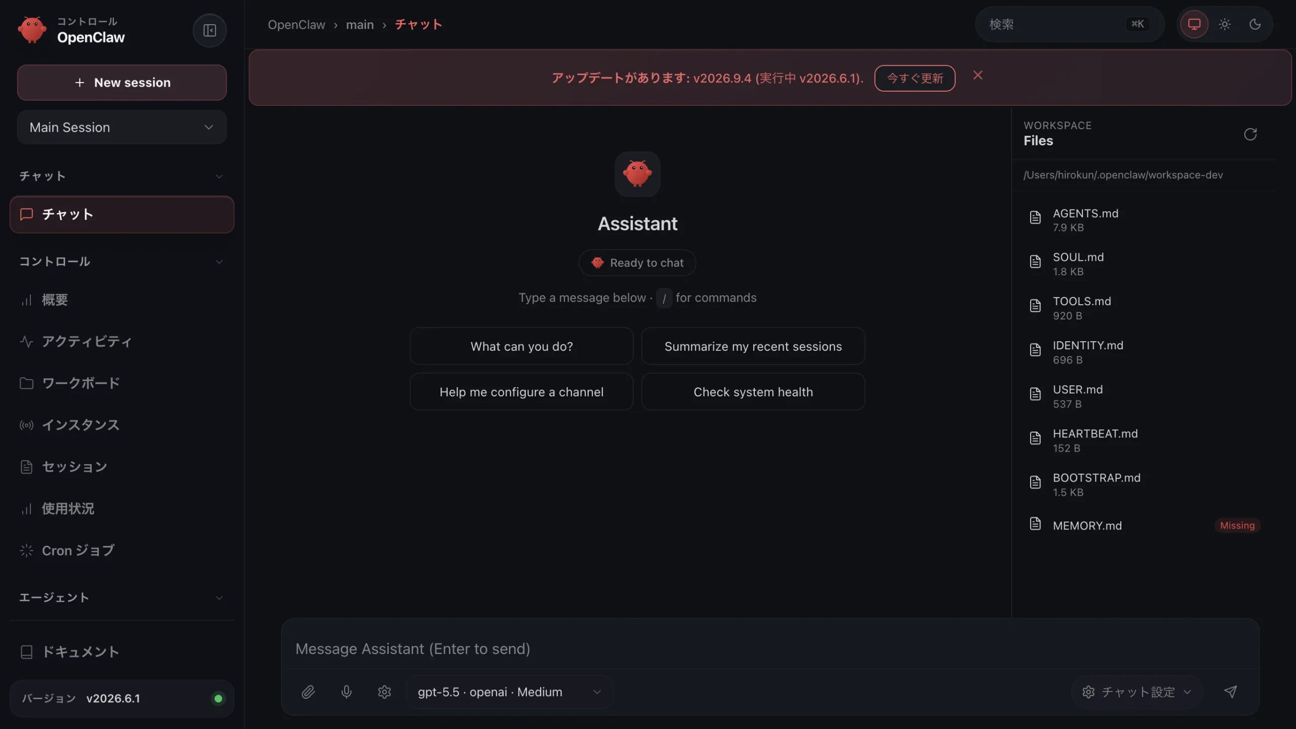 OpenClaw devダッシュボード初回画面