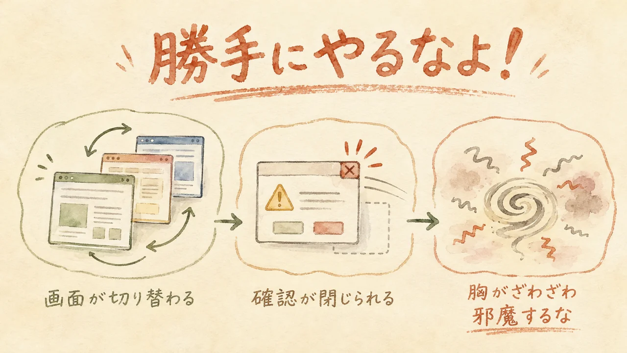 作業中の画面が勝手に切り替わり、確認ダイアログが閉じられて胸がざわざわする瞬間の図解