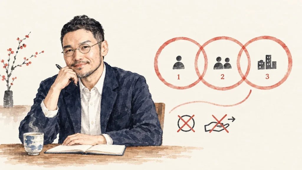 三方よしから自分を消さない全体図解。自分・相手・世間の3つの輪と、忘己で消す・差し出すを打ち消す記号