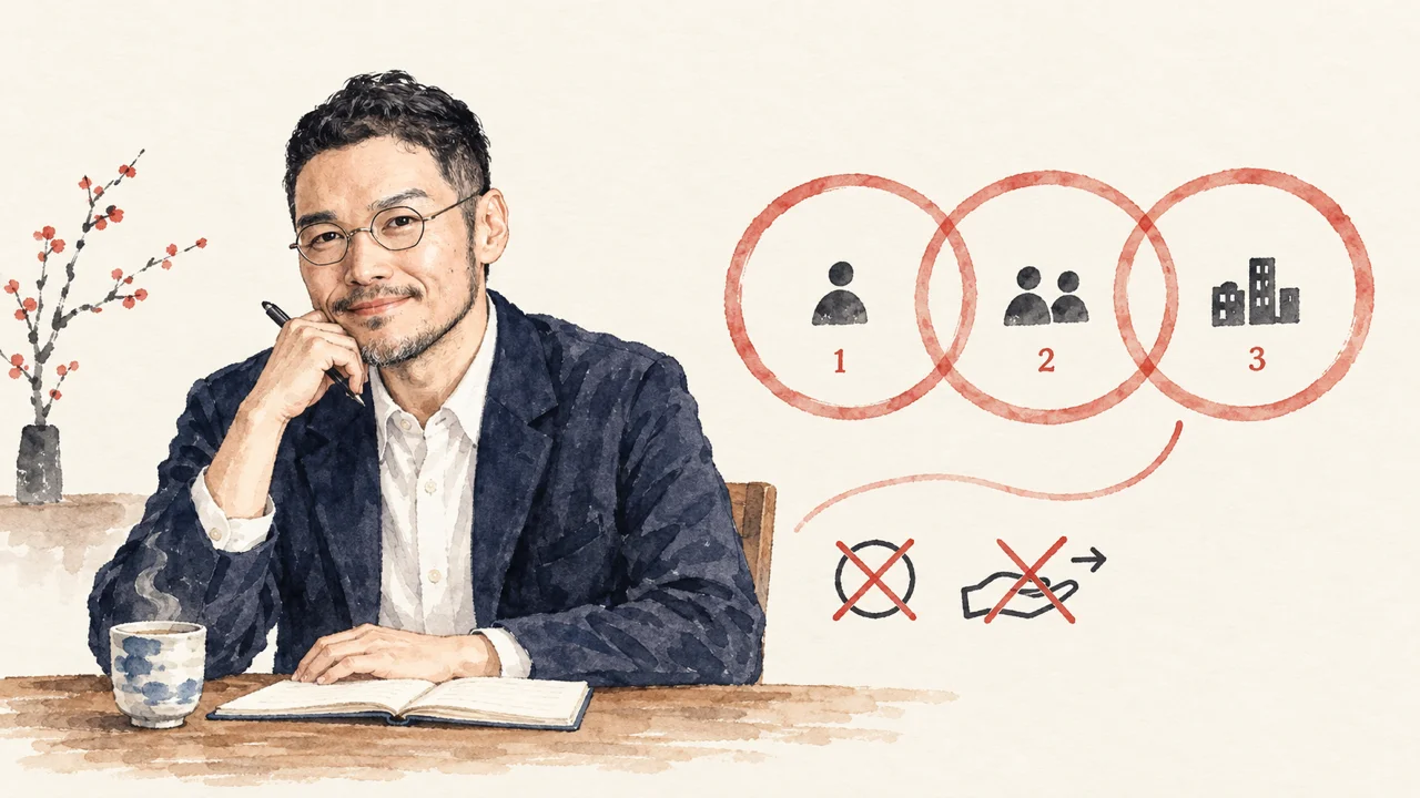 三方よしから自分を消さない全体図解。自分・相手・世間の3つの輪と、忘己で消す・差し出すを打ち消す記号