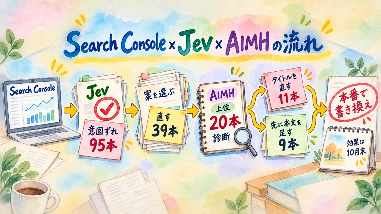 全体図解: Search Console → Jevで意図ずれ95本 → 直す39本 → 上位20本をAIMHで診断 → 直す11本／先に本文を足す9本 → 効果は10月末