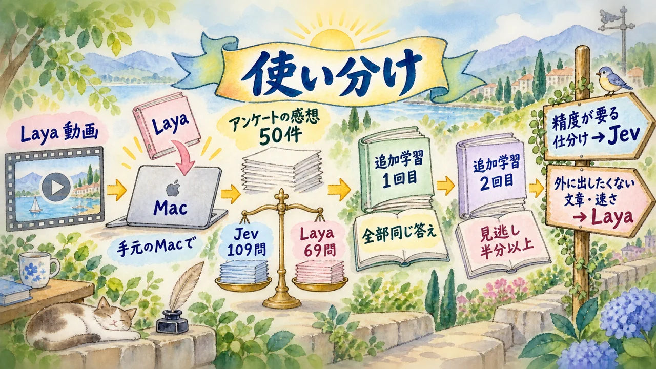 全体図解: 動画のLayaを私のMacで試す → アンケートの感想50件でJev109問・Laya69問 → 追加学習1回目は全部同じ答え → 2回目は見逃しが半分以上 → 結論は使い分け