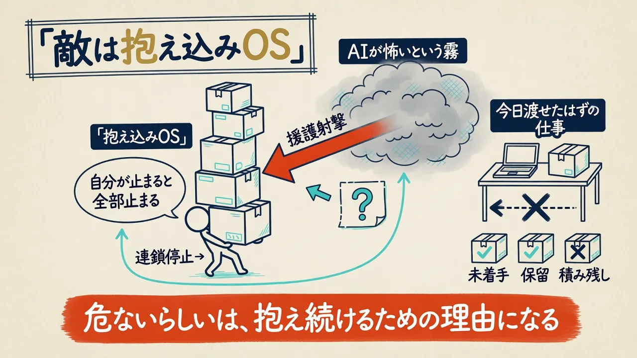 抱え込みOSに対してAIが怖いという霧が援護射撃になり、今日渡せたはずの仕事が渡されない構図を示した図解