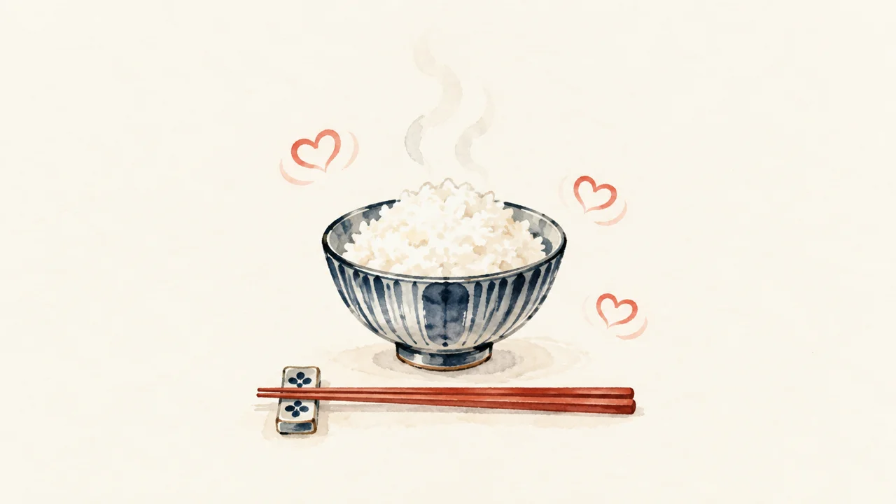 愛と感謝で味わえるかどうかを表す、湯気の立つご飯茶碗の図解
