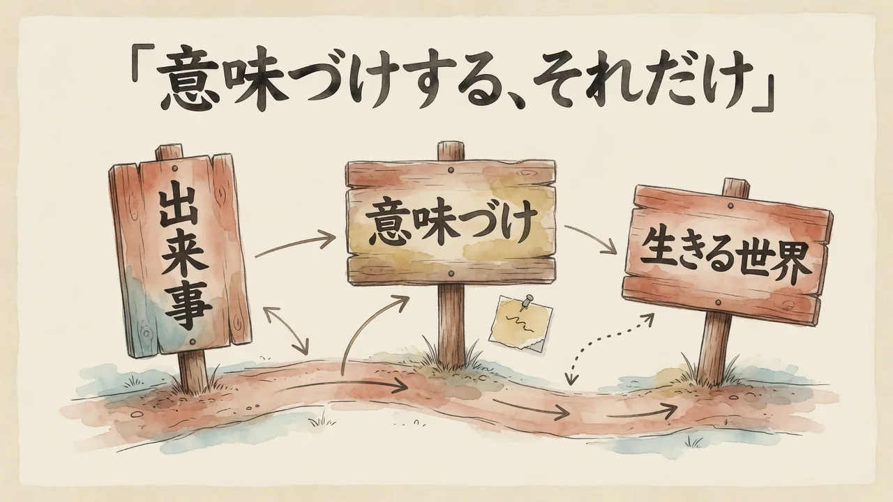 記事全体の流れ図解:出来事から意味づけ、生きる世界へ