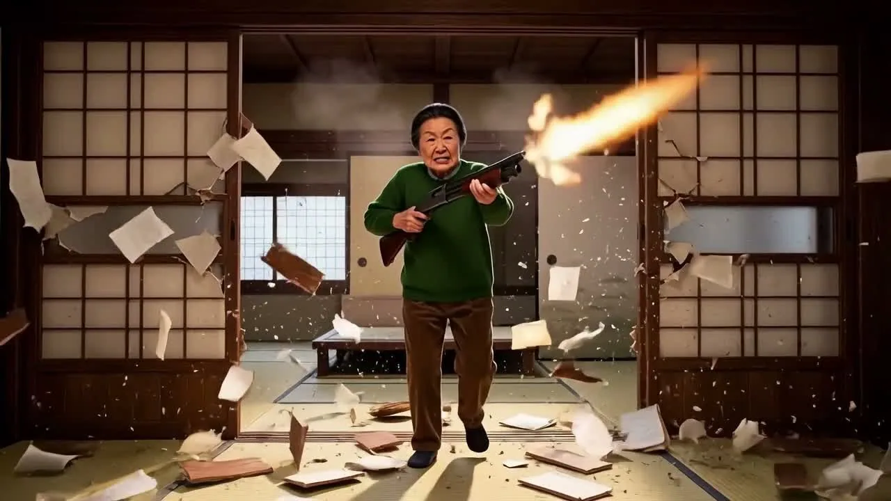 和室のふすまが吹き飛び、緑のセーターの女性が銃を構えているゲーム画面風の映像