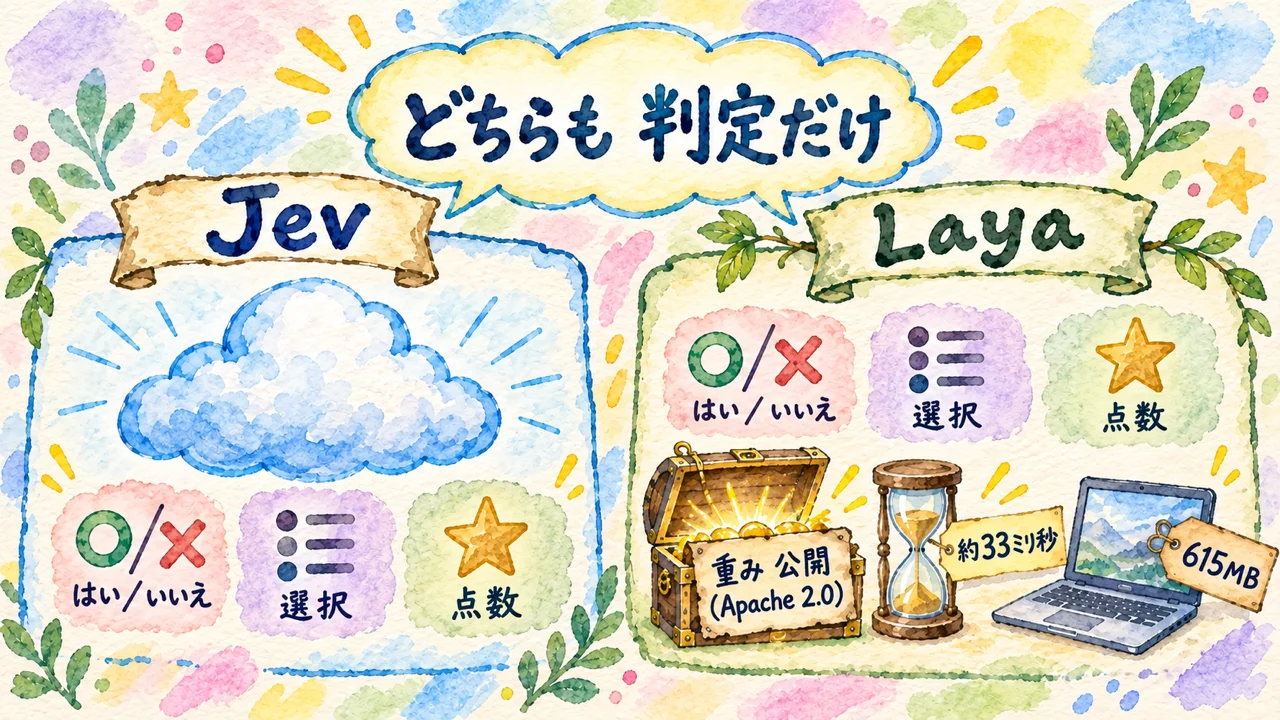 JevとLayaの比較。Layaは判定専用で、重みはApache 2.0で公開されている（約33ミリ秒・615MB）