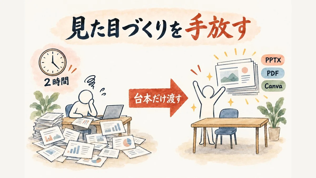 スライドの見た目づくりを手放して台本だけ渡す図解
