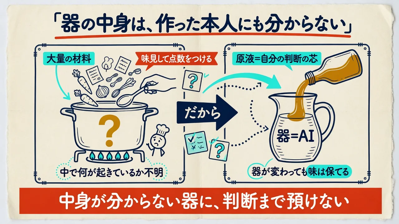 中身の見えない鍋と器に原液を注ぐ図を並べた図解