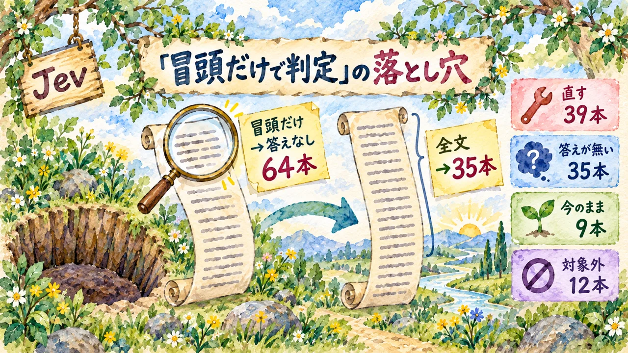 95本の直し案をJevで選んだら、「冒頭だけで判定」の落とし穴が出た（冒頭だけ64本→全文35本）