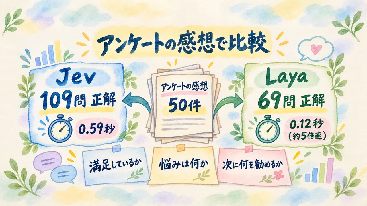 テスト①。アンケートの感想50件で、Jevが109問（0.59秒）、Layaが69問（0.12秒・約5倍速）