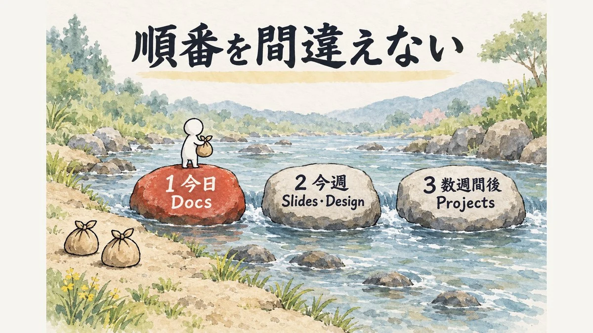 Docsから順に手を離す3つの飛び石を描いた図解