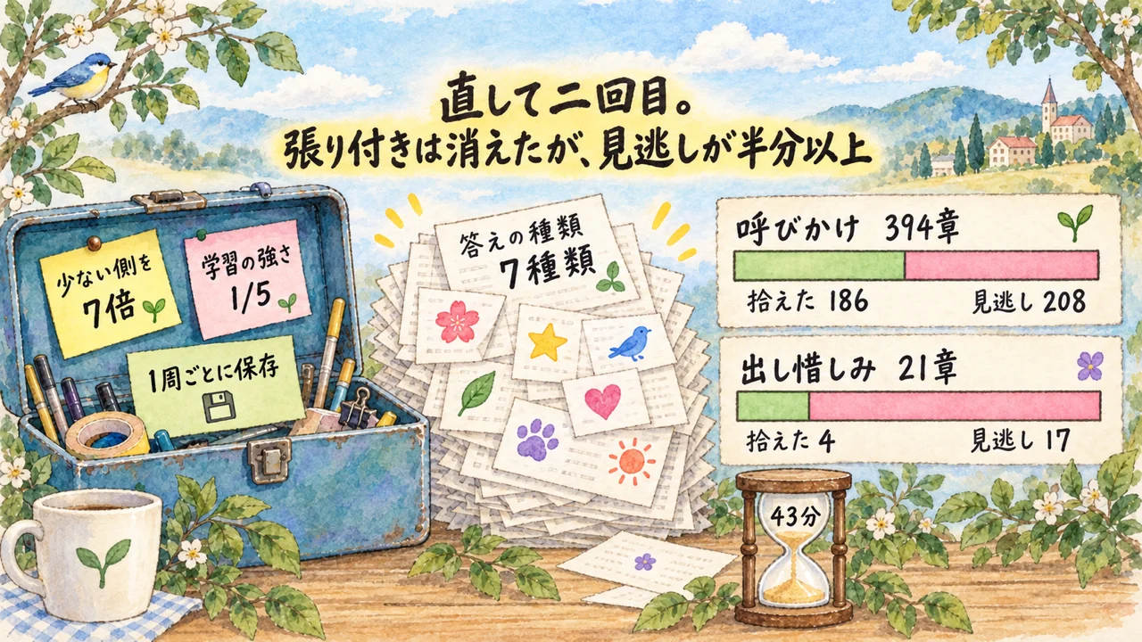 直して2回目。答えの種類は7種類に増えたが、呼びかけ394章のうち208章、出し惜しみ21章のうち17章を見逃した（43分）