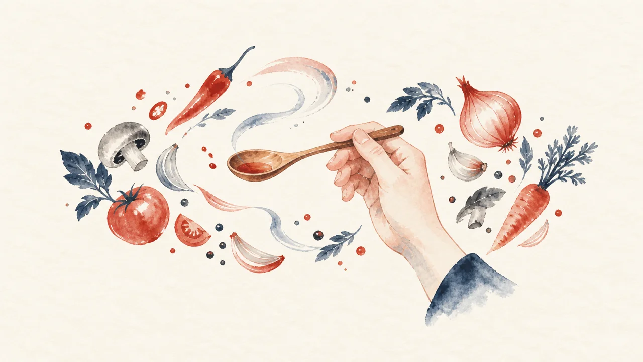 フィーリングで素材を組み合わせることを表す、味見の手と野菜の図解