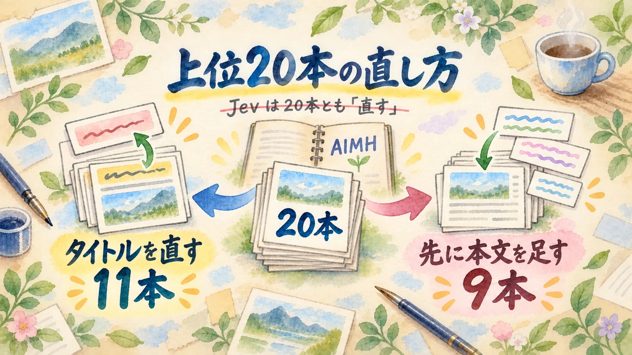 上位20本。タイトルを直すのは11本、先に本文を足すのが9本