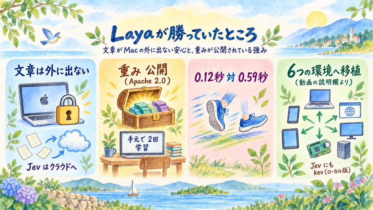Layaが勝っていたところ。文章がMacの外に出ない・重みが公開（Apache 2.0）で手元で2回学習・0.12秒対0.59秒・6つの環境へ移植（動画の説明欄より）。Jevにもローカル版kev