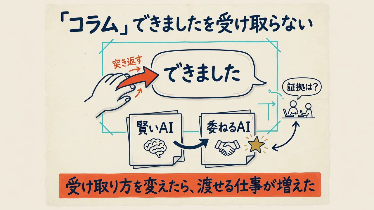できましたを突き返す場面と賢いAIより委ねるAIへの転換を示した図解