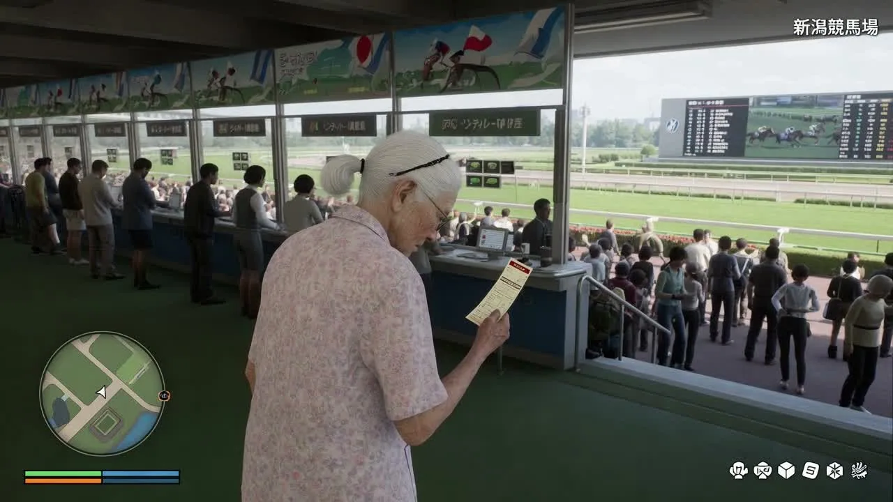 競馬場の馬券売り場に立つおばあちゃんのゲーム画面風の映像