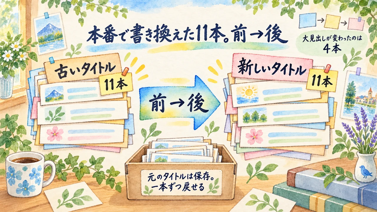 本番で書き換えた11本。前 → 後（大見出しが変わったのは4本・元に戻せる）