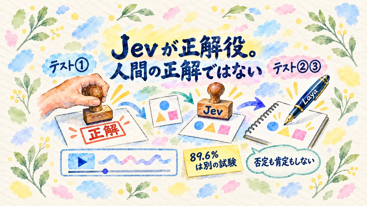 何を測ったのか。テスト①は人の正解、テスト②③はJevが正解役。動画の89.6%は別の試験