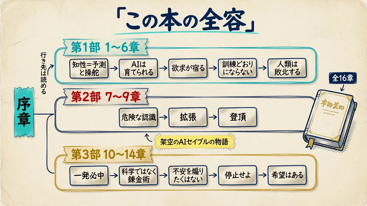 本の全16章を第1部・第2部・第3部の3段に並べて全体像を示した図解