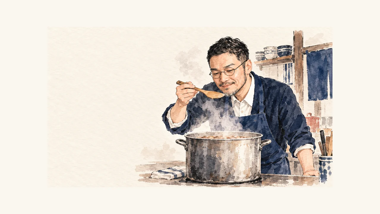 ひろくんコラム図解。厨房で鍋を覗き込み味見をする場面