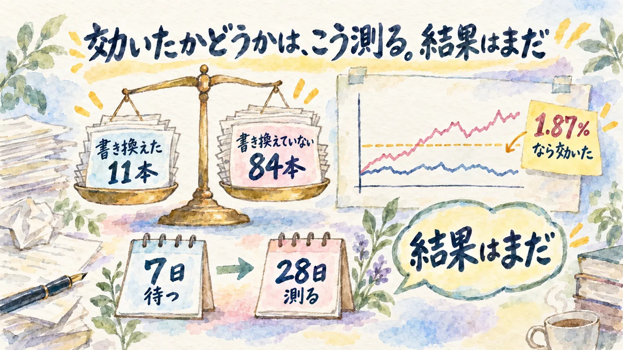 効いたかどうかは、こう測る。11本と84本の差の差・7日待って28日・線は1.87%・結果はまだ