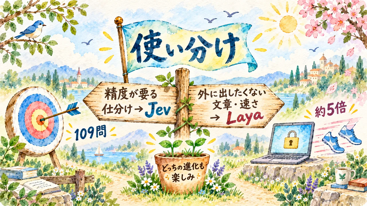結論は使い分け。精度が要る仕分けはJev（109問）、外に出したくない文章と速さはLaya（約5倍）