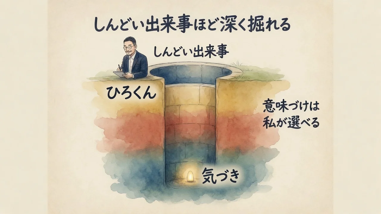 しんどい出来事ほど深く掘れる。ひろくんがノートに書きながら井戸を掘り下げるコラム図解