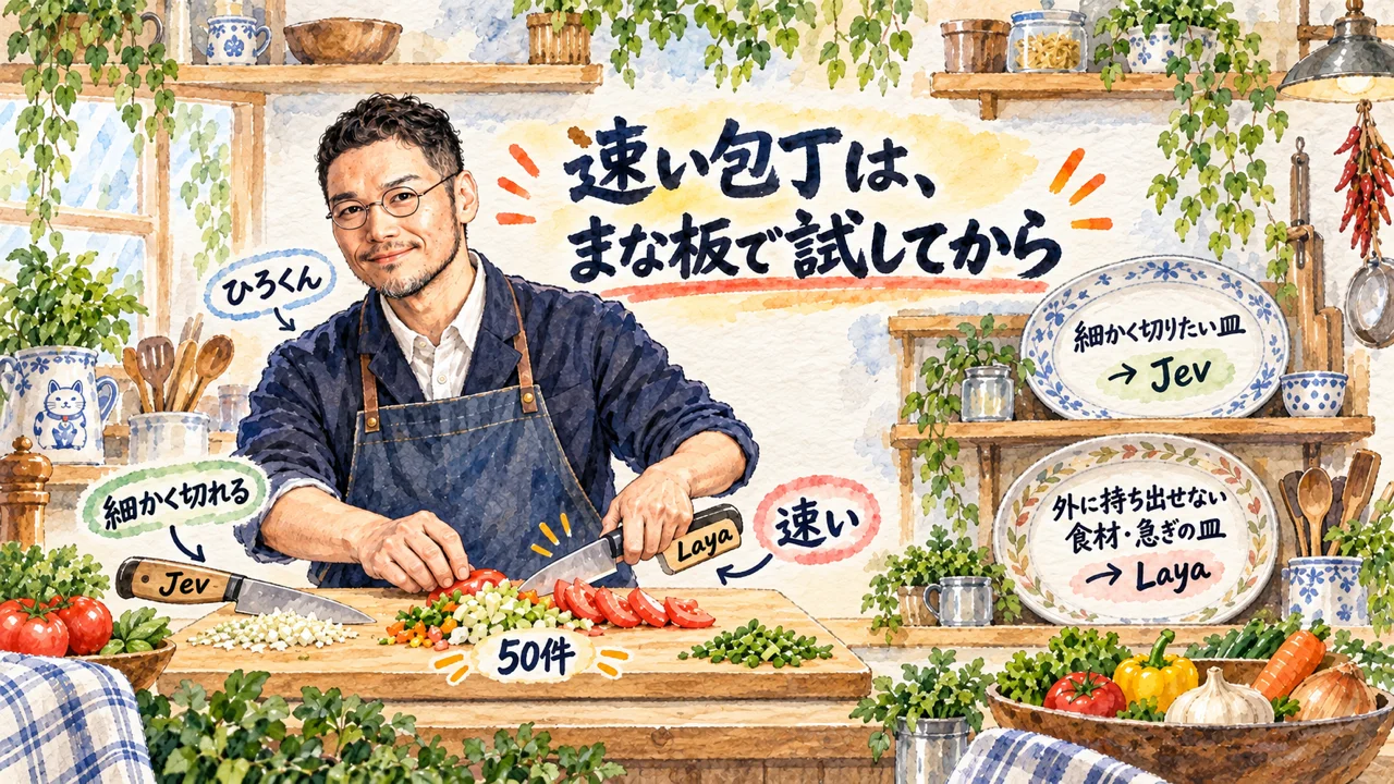 コラム図解: 速い包丁を買う前に、まな板の上で切ってみる（ひろくんがJevとLayaの包丁を50件の食材で試し切り）