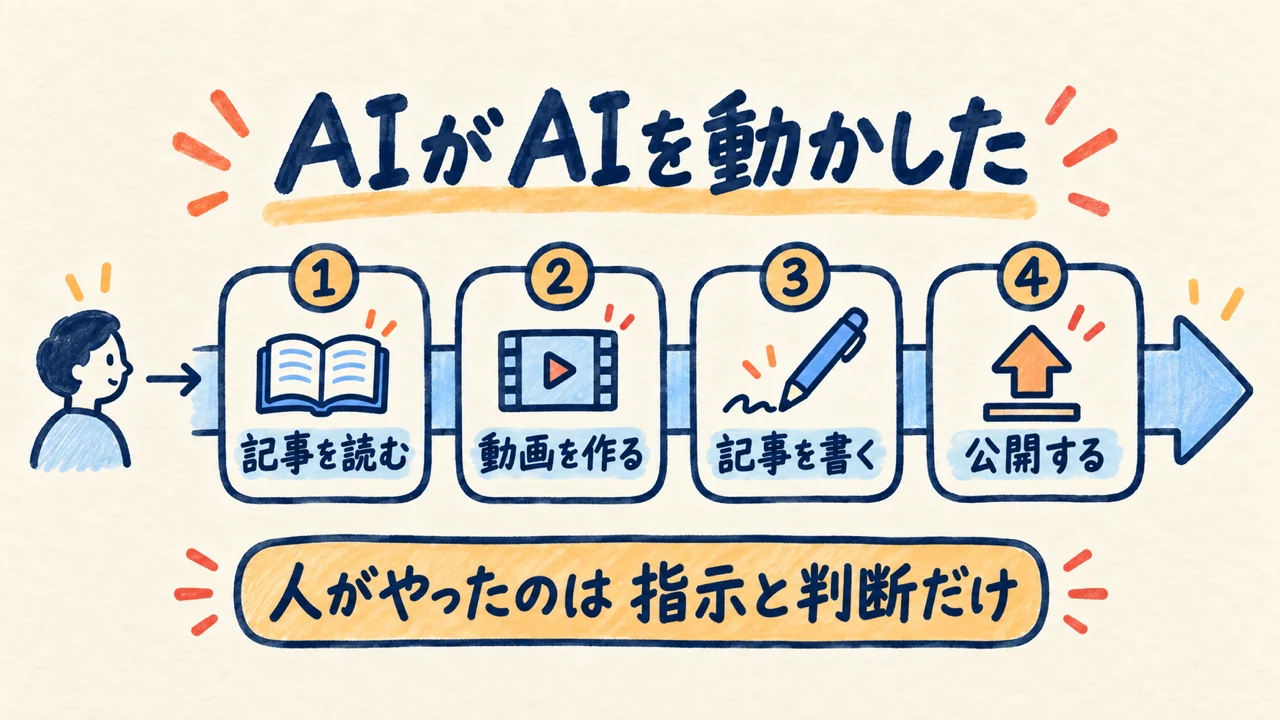 AIがAIを動かした。記事を読む・動画を作る・記事を書く・公開する の4工程と、人がやったのは指示と判断だけ、という手描きの工程図