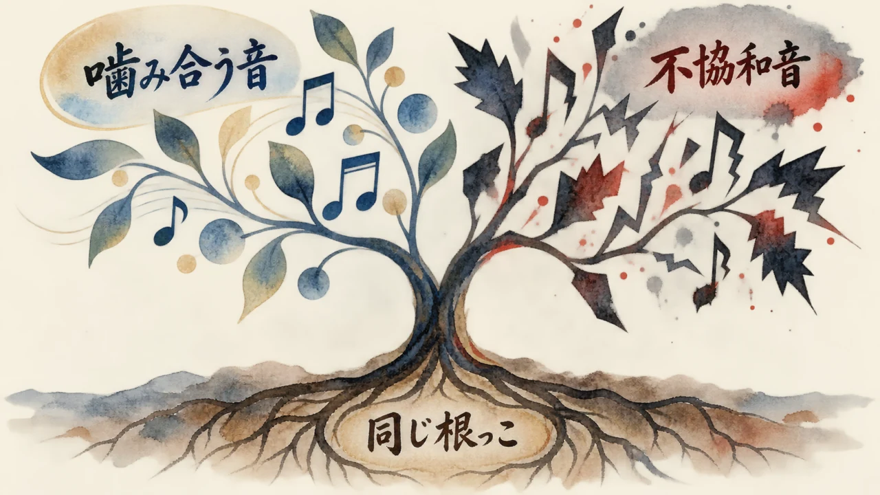 一つの根っこから噛み合う音も不協和音も分かれて生まれる図解