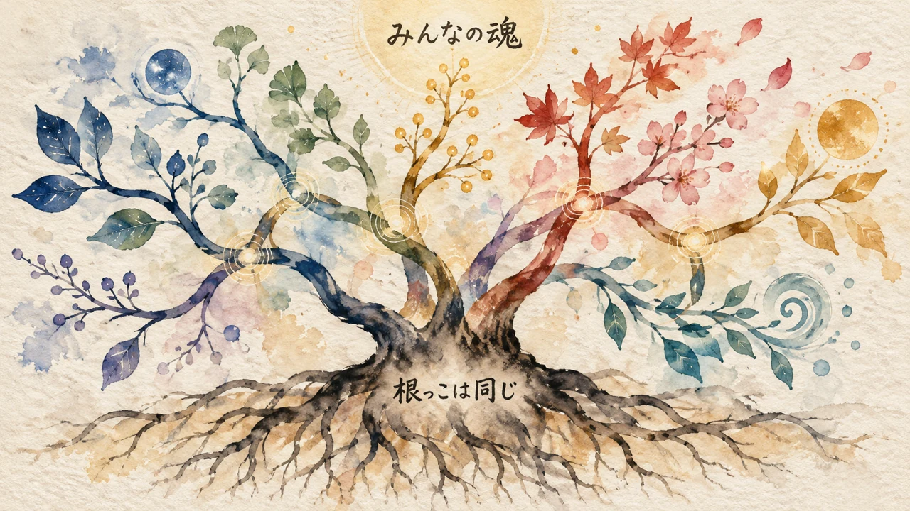 一人ひとり違う色や形のまま、同じ根でつながる「みんなの魂」を表す図解