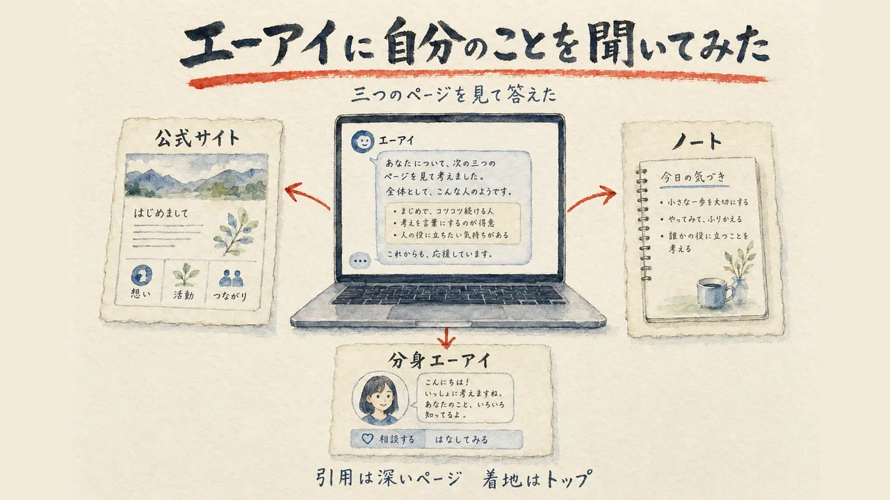 AIに自分のことを聞くと三つのページを見て答える様子を描いた水彩の図解