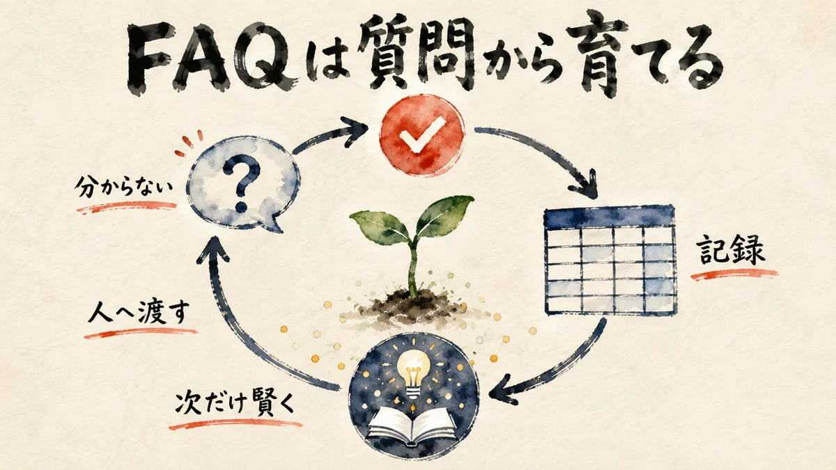 質問が記録され学習して育っていくFAQの循環図解