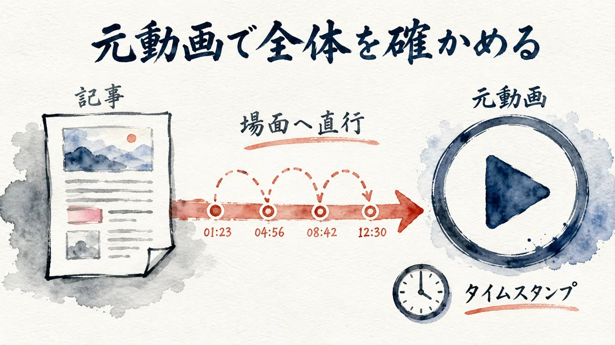 記事から元動画の再生ボタンへ案内する図解