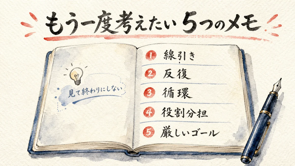 視聴後に持ち帰る5つのメモをノートに並べた図解