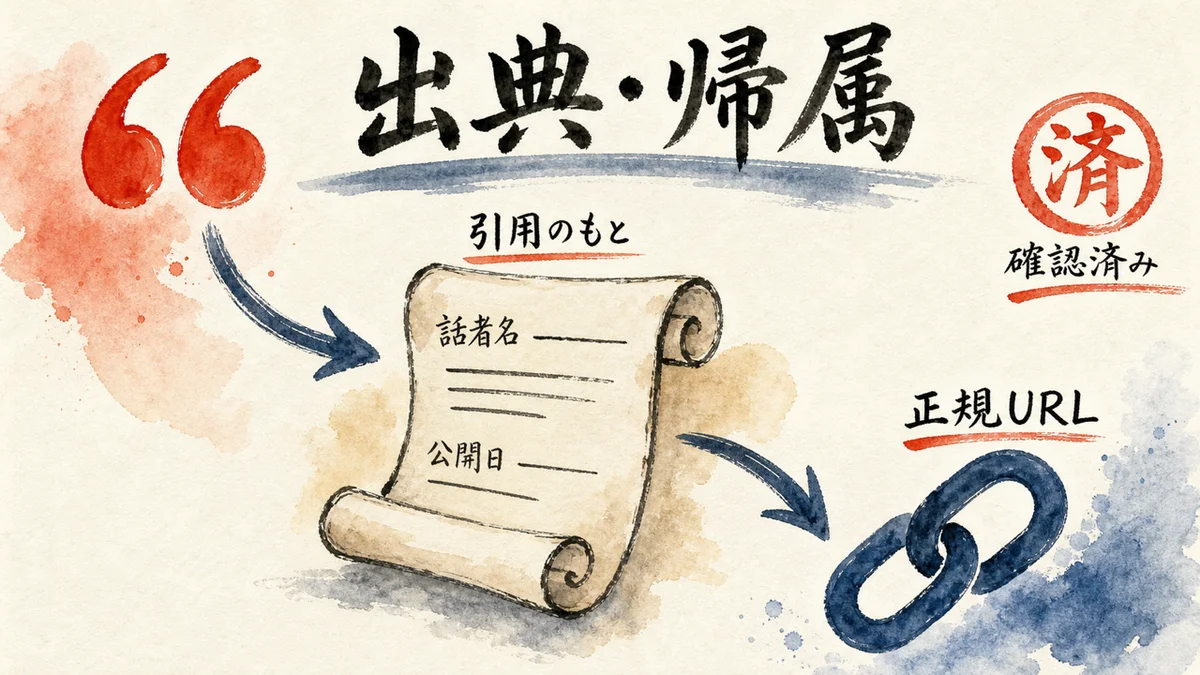 引用符・巻物・リンクで出典と帰属を示す図解