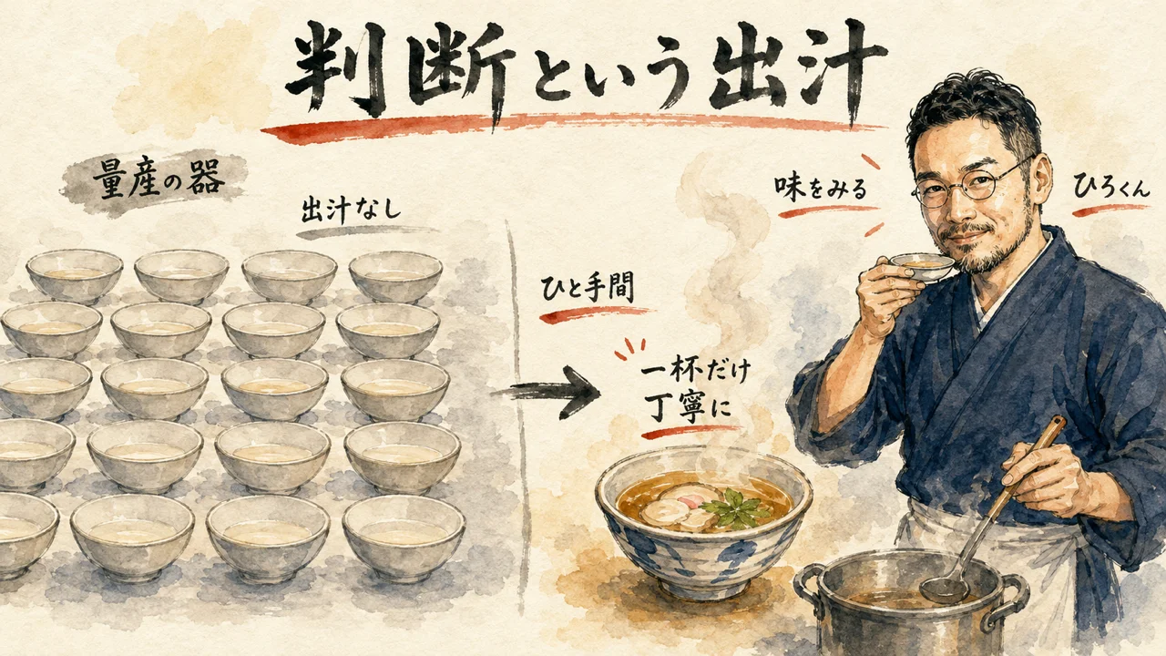 AIは下ごしらえ、味見は人間——出汁のない量産と一杯の対比を描いたコラム図解