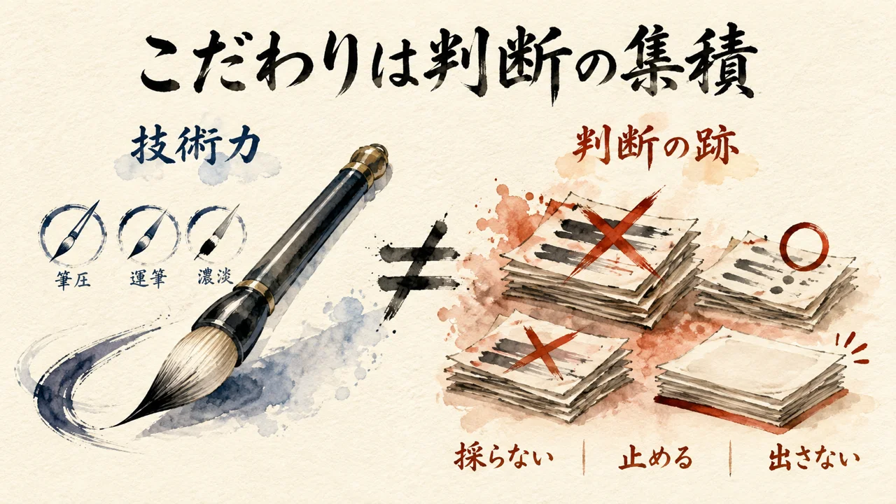 こだわりは技術力ではなく判断の集積——技術と判断を左右で対比した図解