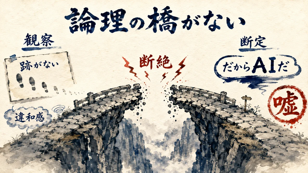 跡がないという観察から断定へ渡る場所に橋はない——途切れた橋の図解