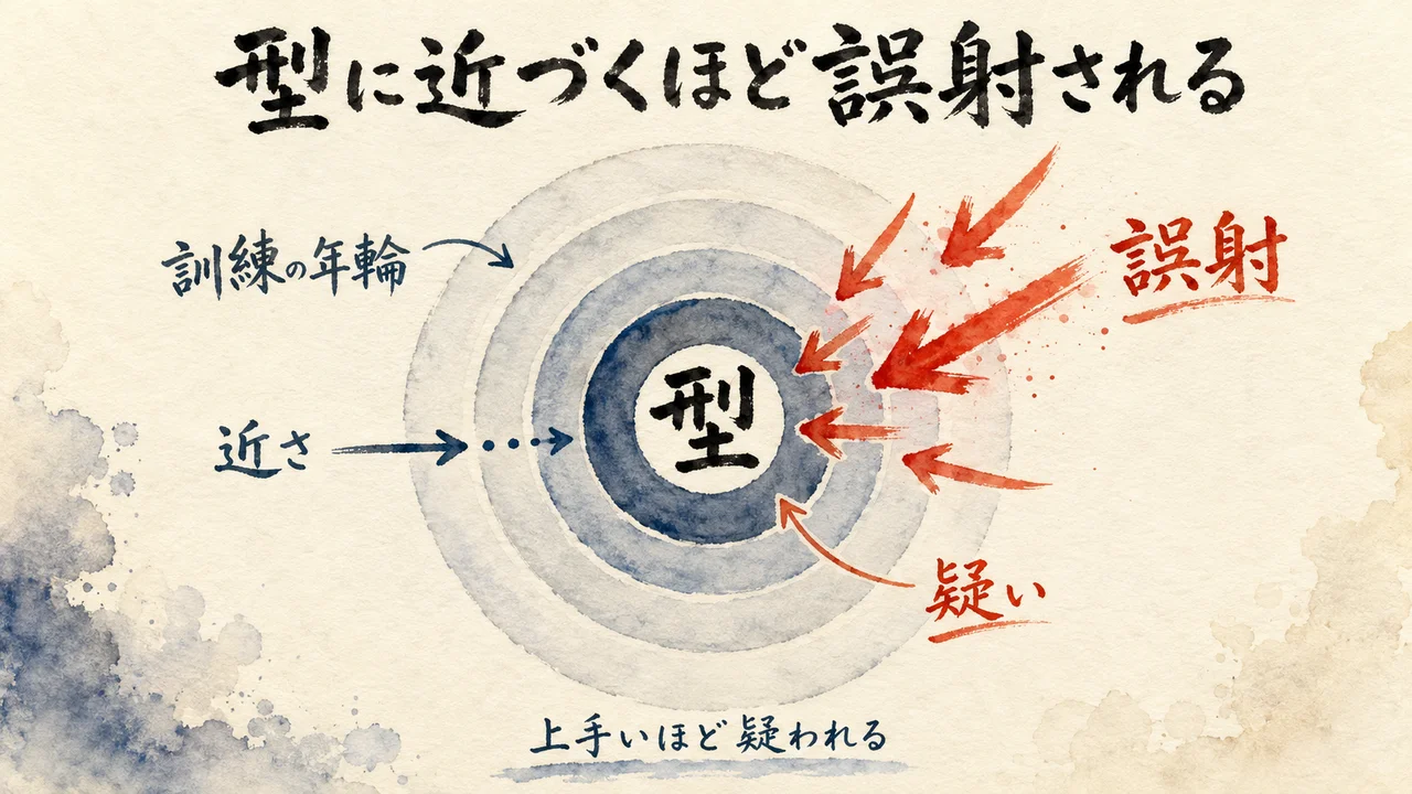 型に精度で近づいた人ほど疑われる——同心円で誤射の構造を示した図解