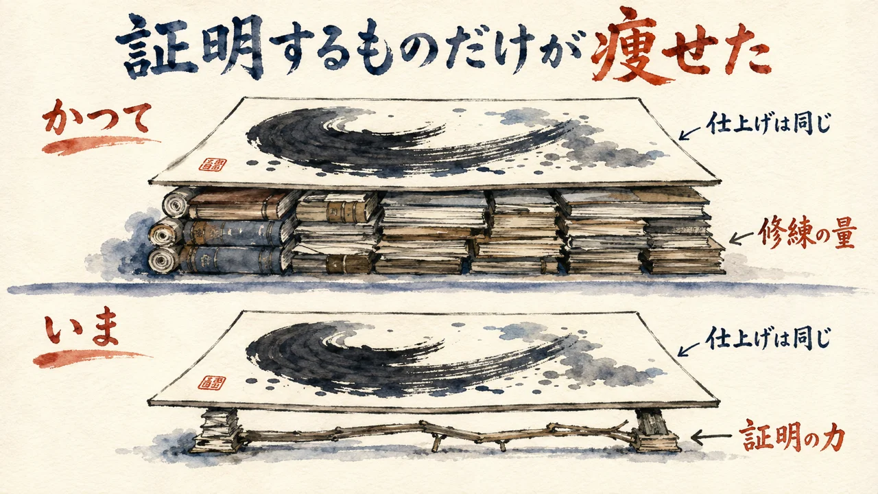 作品は変わらず証明する力だけが痩せた——かつてと今を上下で比べた図解