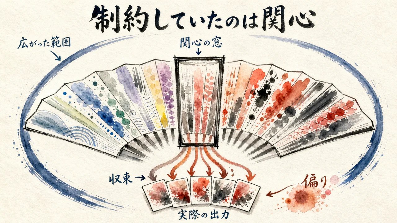 制約していたのは道具ではなく選ぶ側の関心——広い範囲と狭い窓の対比図解