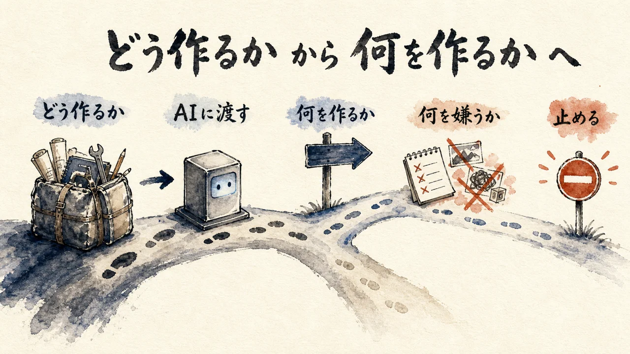 どう作るかから何を作るかへ——AIに渡す仕事と自分に残す判断の流れ図